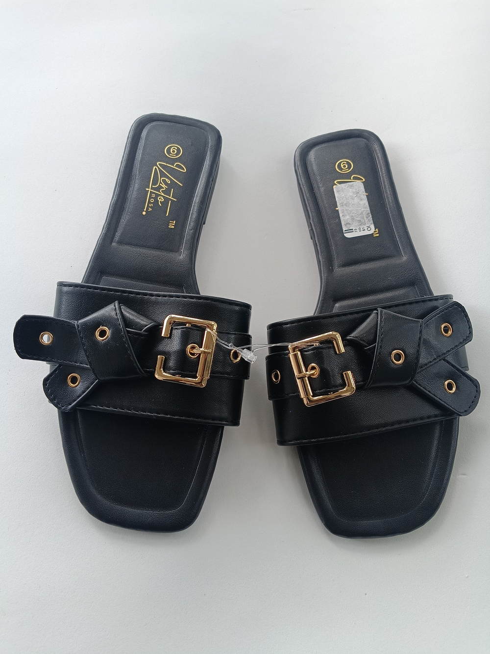 Vento Rosa Women's Black Faux Leather Buckle Detail Slide Sandals Size US 6 New